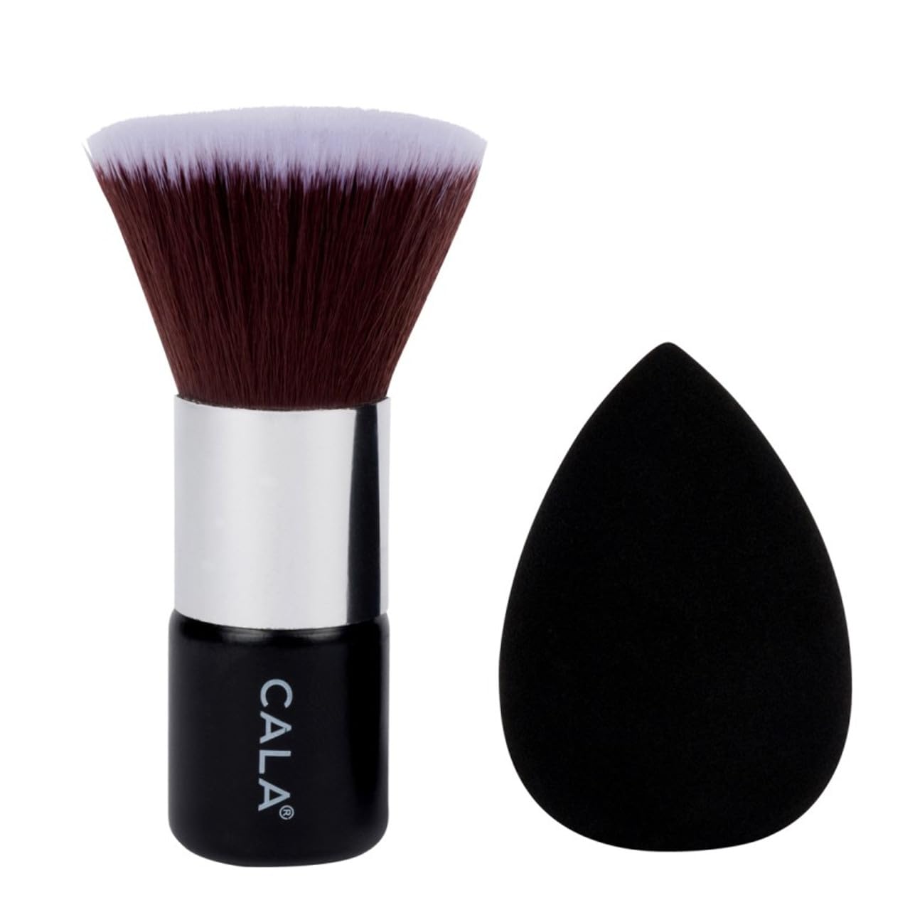 CALA Kabuki Brush and Blending Sponge Set, Black, 2 Piece