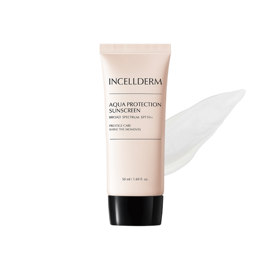 Incellderm Aqua Protection Sunscreen bottle with SPF 50+ label, showcasing lightweight texture for daily use