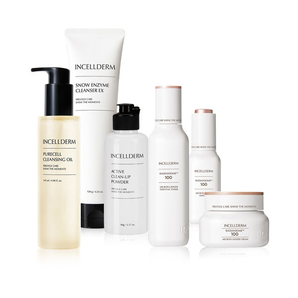 Advanced RIMAN Ritual Skincare Set featuring five minimalist bottles arranged on a marble surface, showcasing a luxurious at-home spa experience