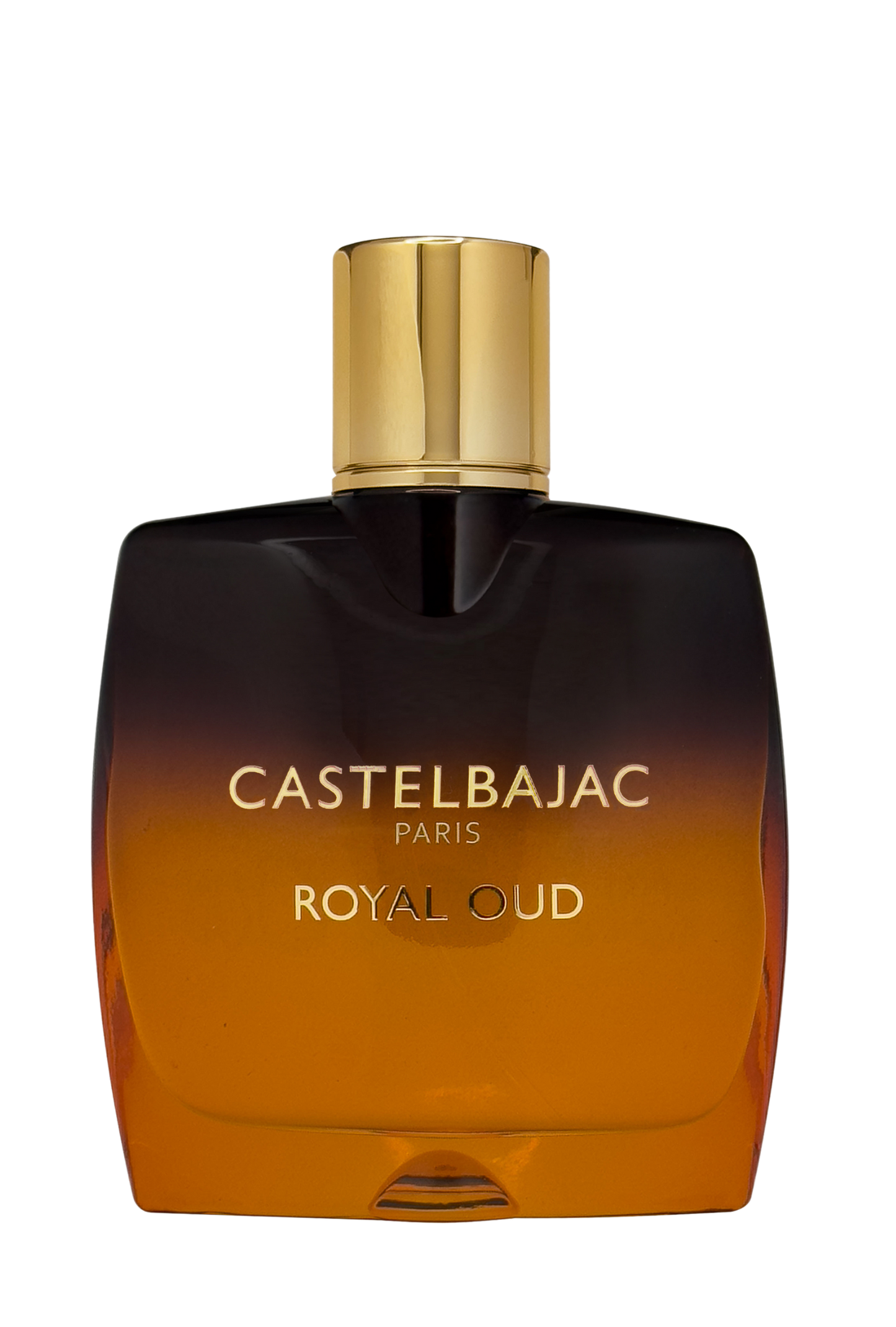 Castelbajac Royal Oud Eau de Parfum in gradient amber-black bottle with gold cap, exuding luxury.