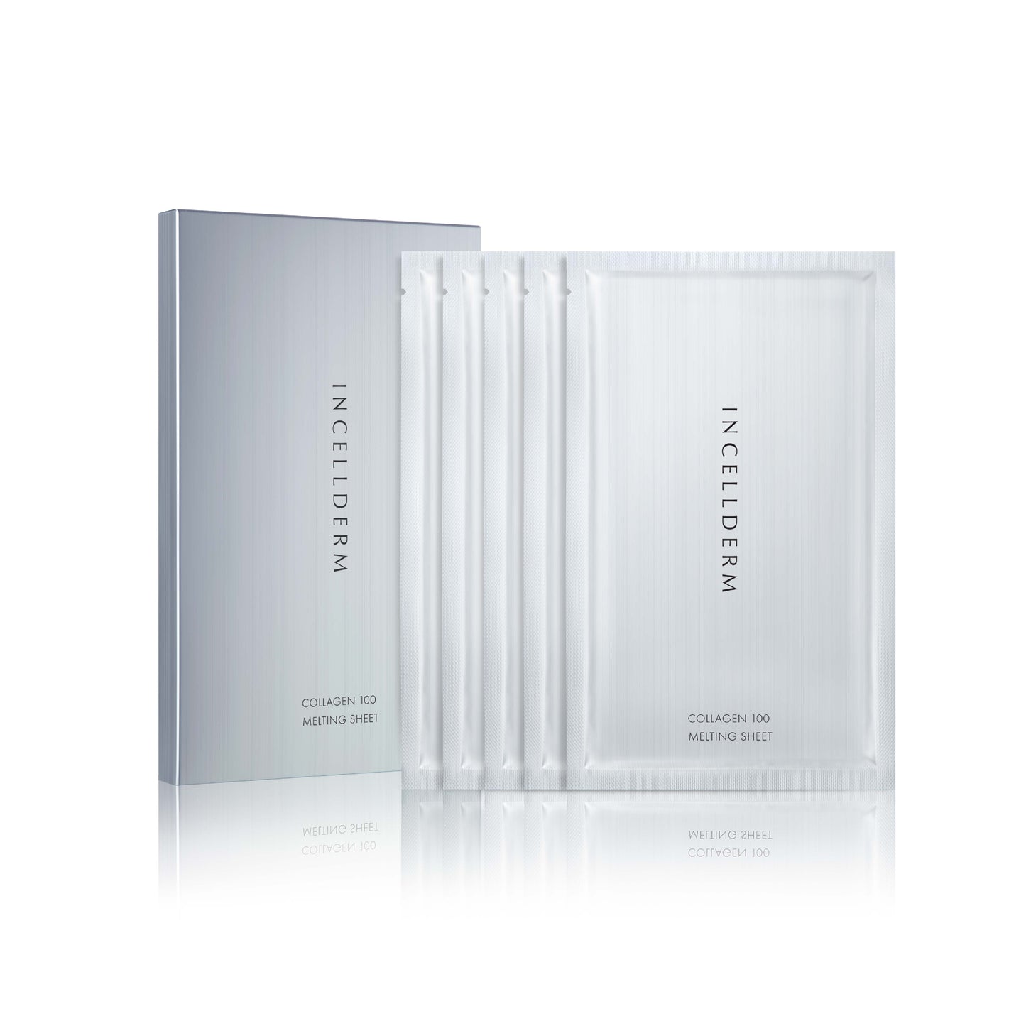 Box of Incellderm Collagen 100 Melting Sheets with 5 packs for intensive treatment.