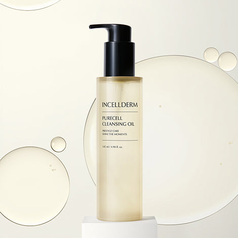 Incellderm Purecell Cleansing Oil bottle with golden oil droplets on clean, glowing skin.