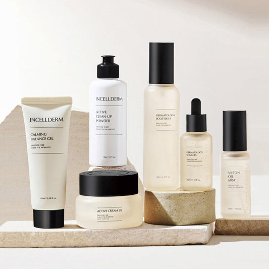 Incellderm The Essentials Set showcasing six full-size skincare products for a complete routine.