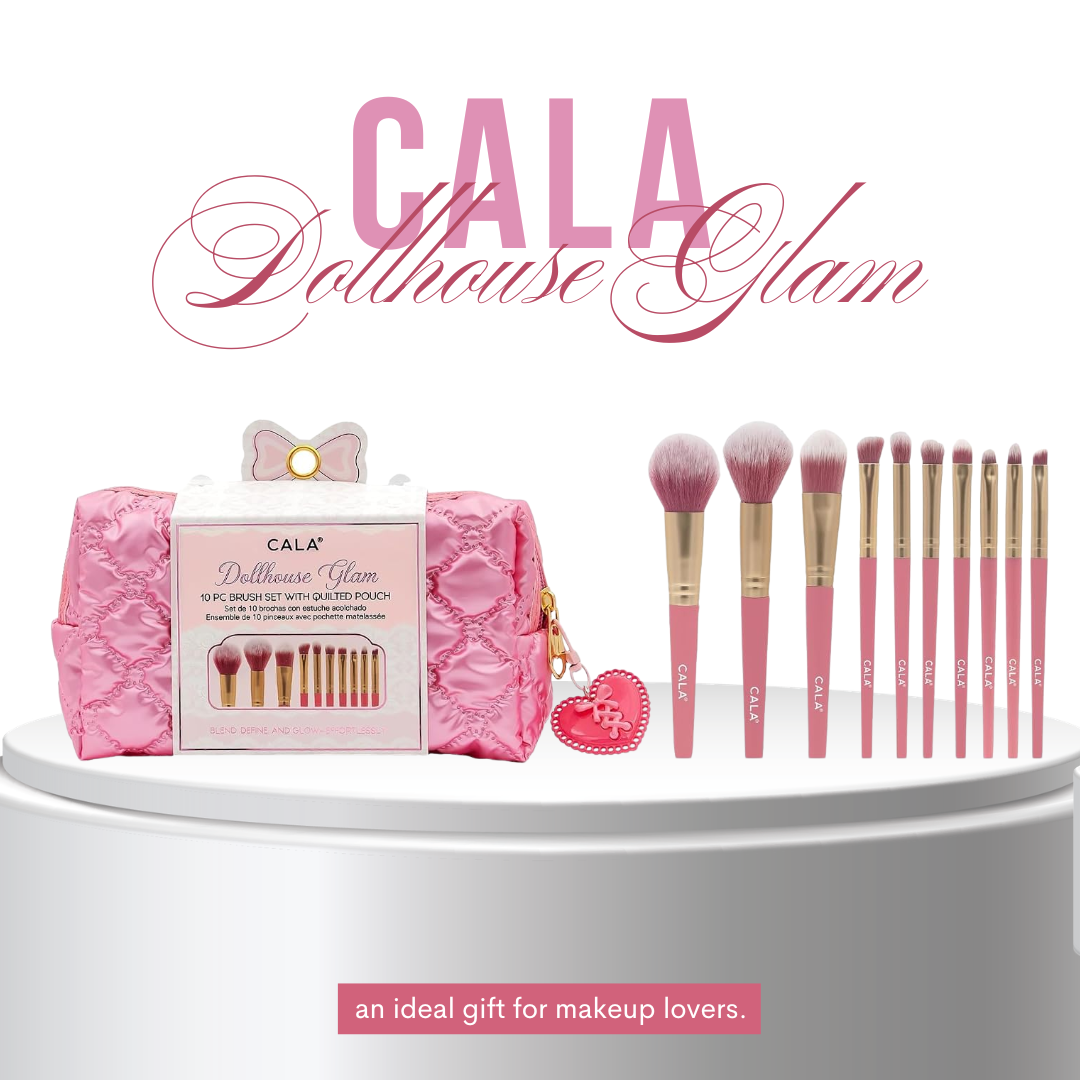 CALA 10pc Cosmetic Brush Set with Pink Quilted Cosmetic Pouch
