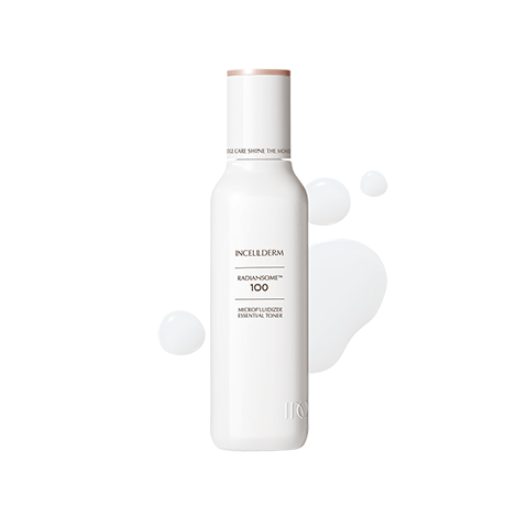 Radiansome™100 Microfluidizer Essential Toner bottle dispensing a clear liquid onto cotton pad, showcasing advanced skincare technology
