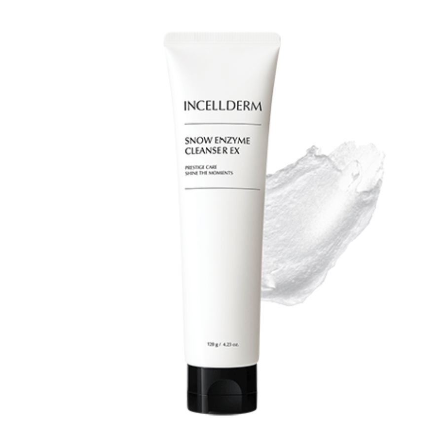 Snow Enzyme Cleanser EX bottle with creamy formula foaming on a brush against a clean, fresh background.