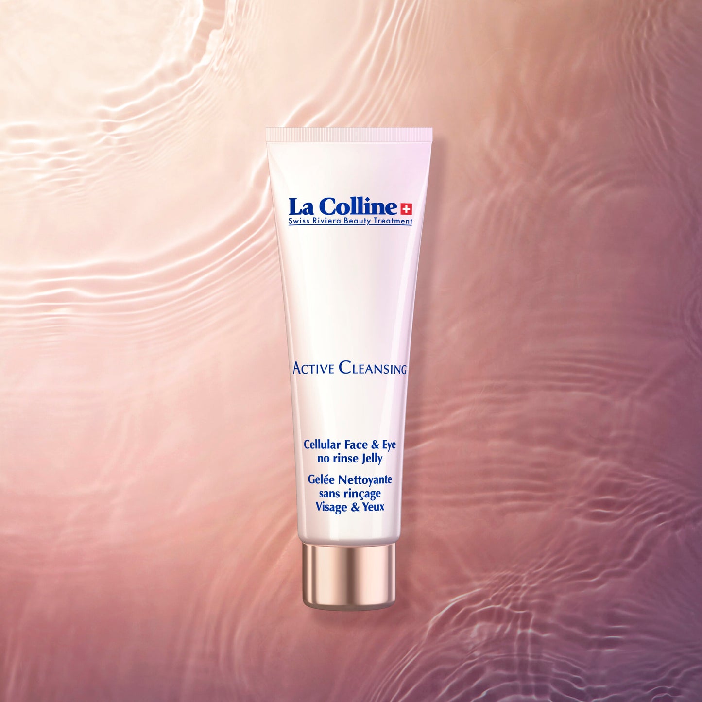 Close-up of La Colline No-Rinse Jelly applied to fingertips, highlighting gentle makeup removal and hydration