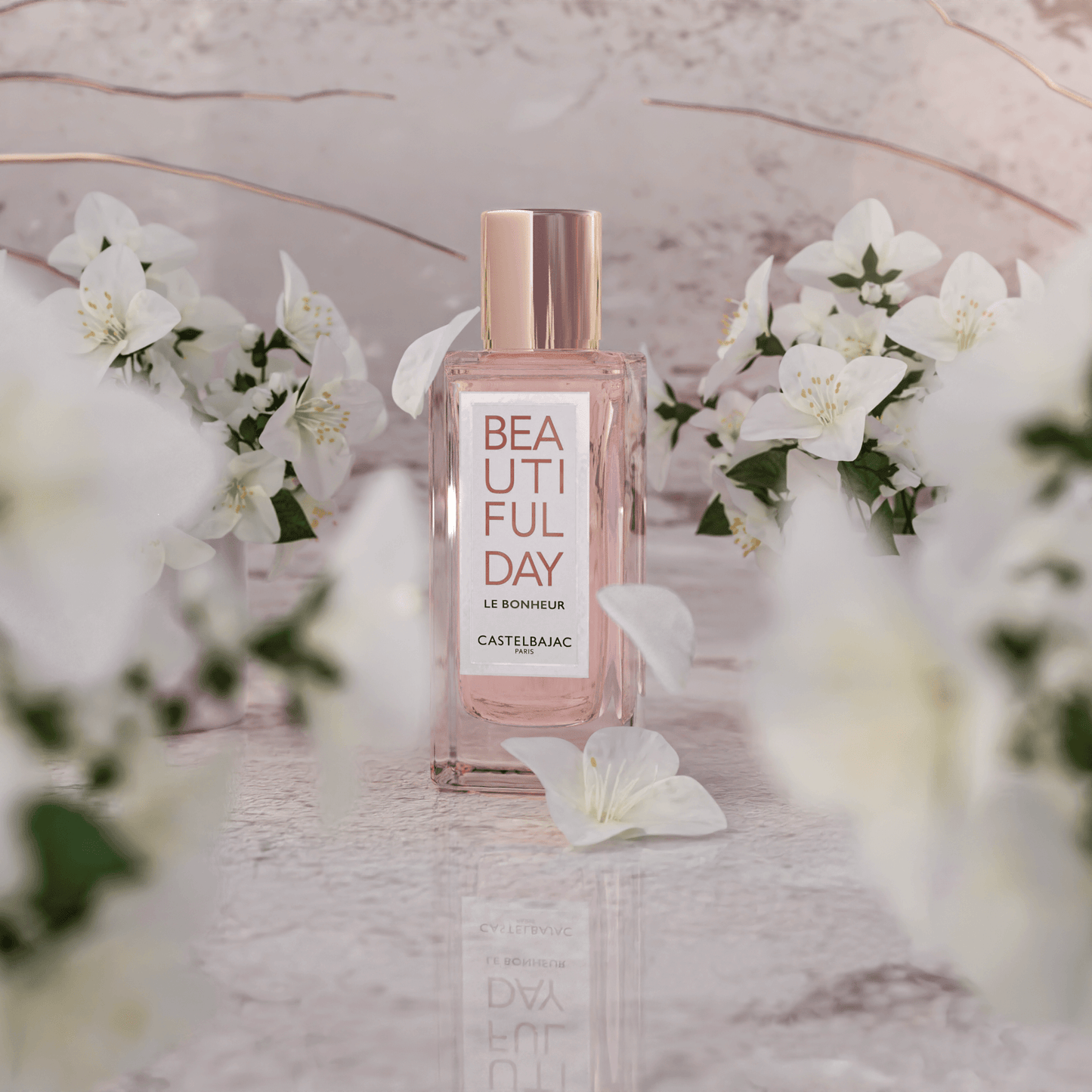 BEAUTIFUL DAY LE BONHEUR perfume bottle with golden-pink liquid, radiating vibrant energy against a sunlit, abstract backdrop