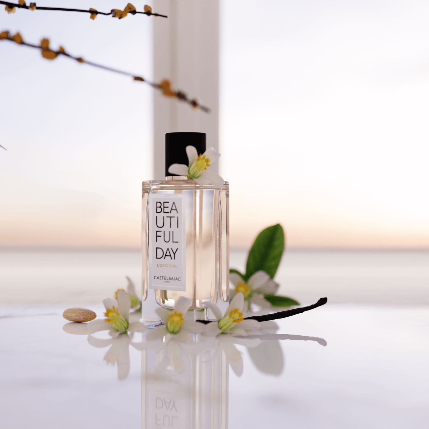 BEAUTIFUL DAY L’ORIGINAL perfume bottle with golden liquid against a minimalist backdrop, radiating modern elegance and daring femininity