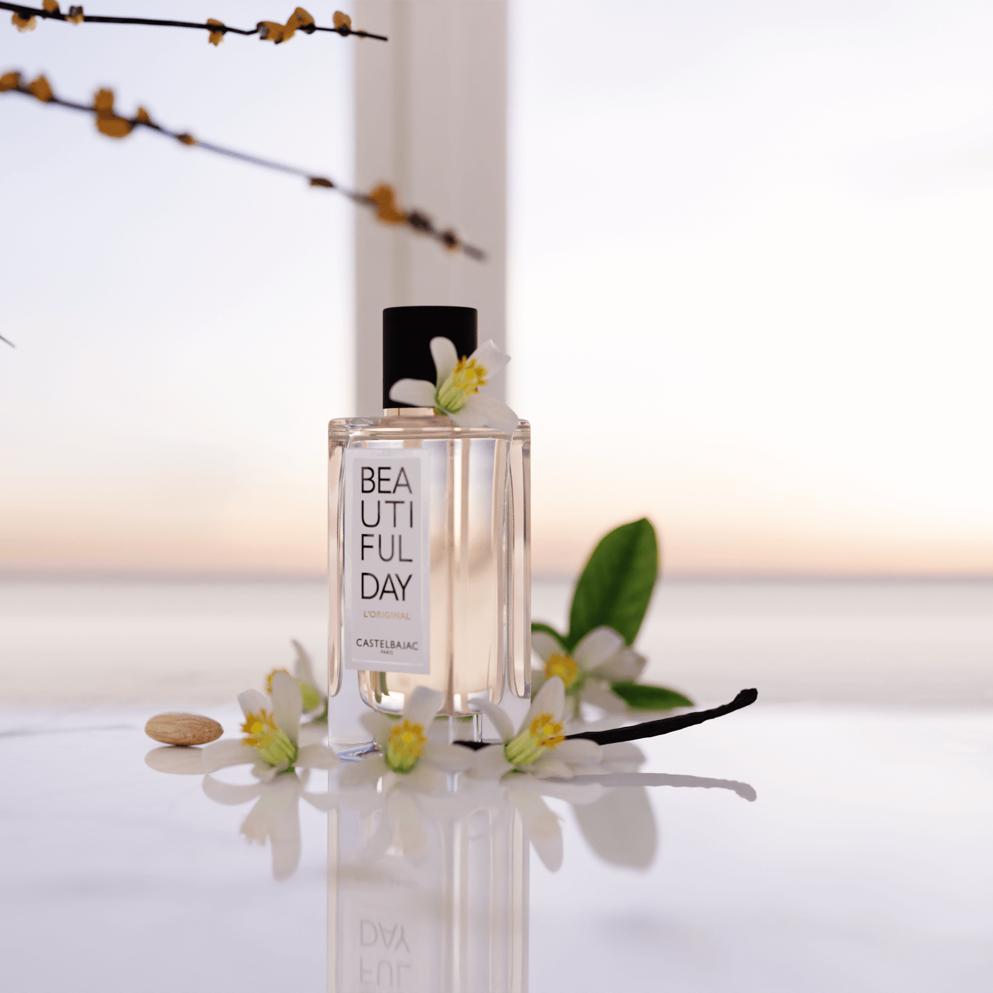BEAUTIFUL DAY L’ORIGINAL perfume bottle with golden liquid against a minimalist backdrop, radiating modern elegance and daring femininity