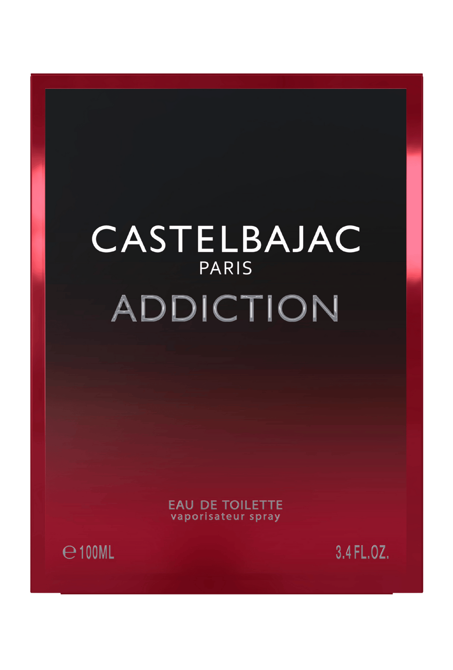 Castelbajac Paris Addiction Eau de Parfum in a sleek dark bottle, radiating allure against a backdrop of shadowy luxury and golden caramel accents
