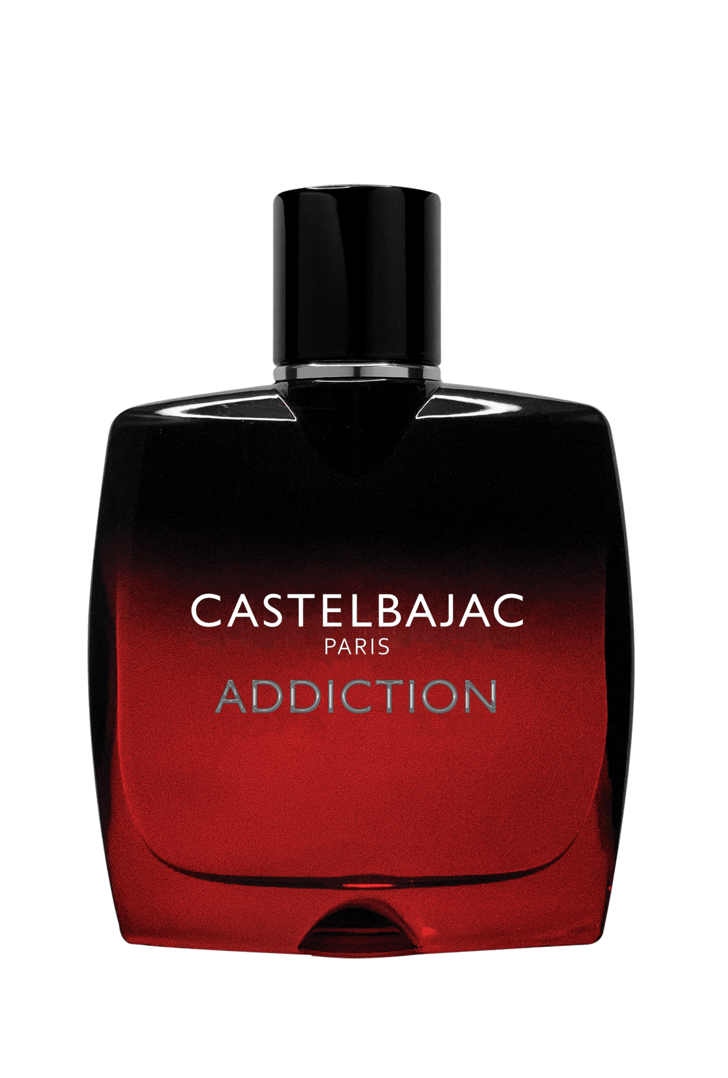 Castelbajac Paris Addiction Eau de Parfum in a sleek dark bottle, radiating allure against a backdrop of shadowy luxury and golden caramel accents