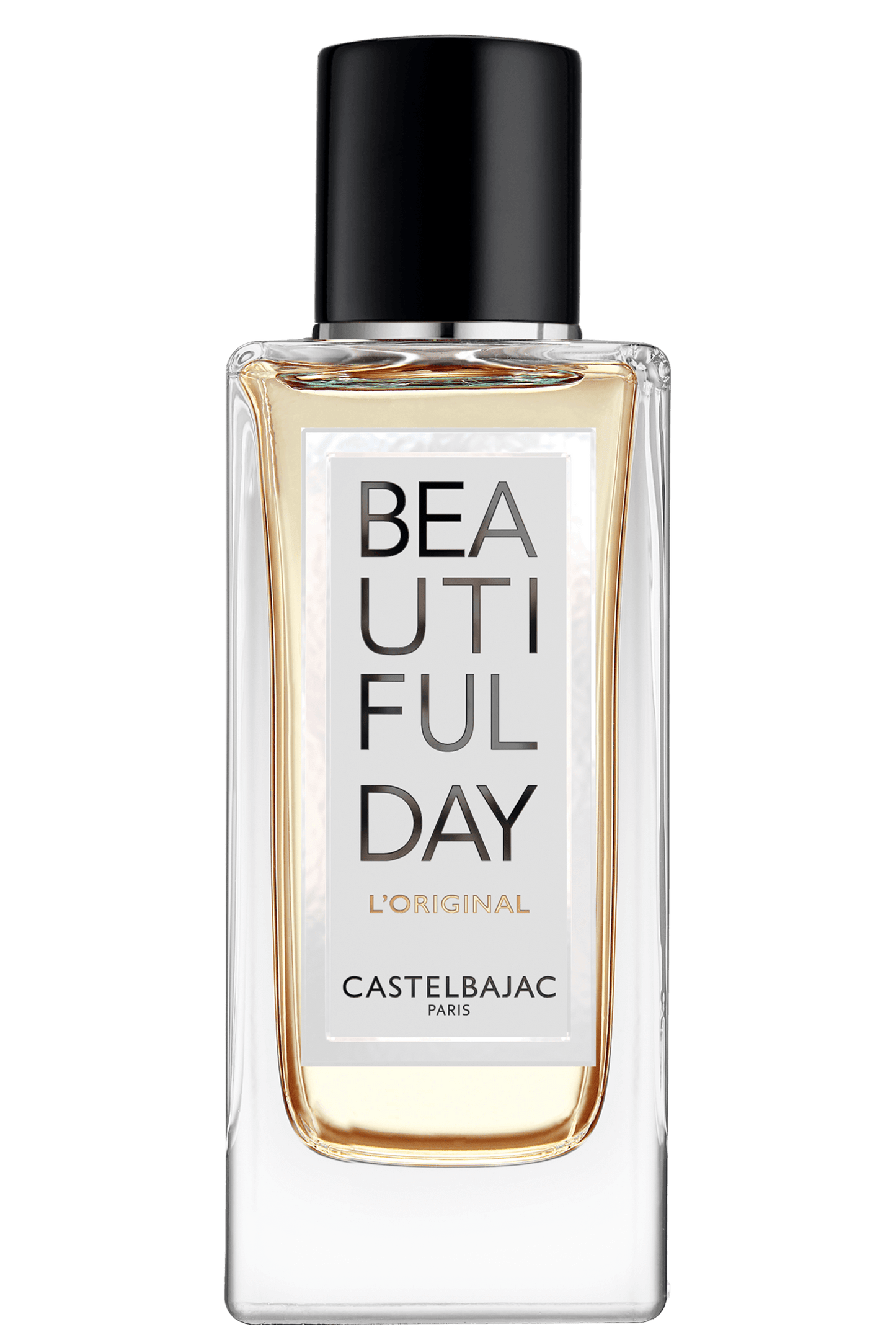 BEAUTIFUL DAY L’ORIGINAL perfume bottle with golden liquid against a minimalist backdrop, radiating modern elegance and daring femininity