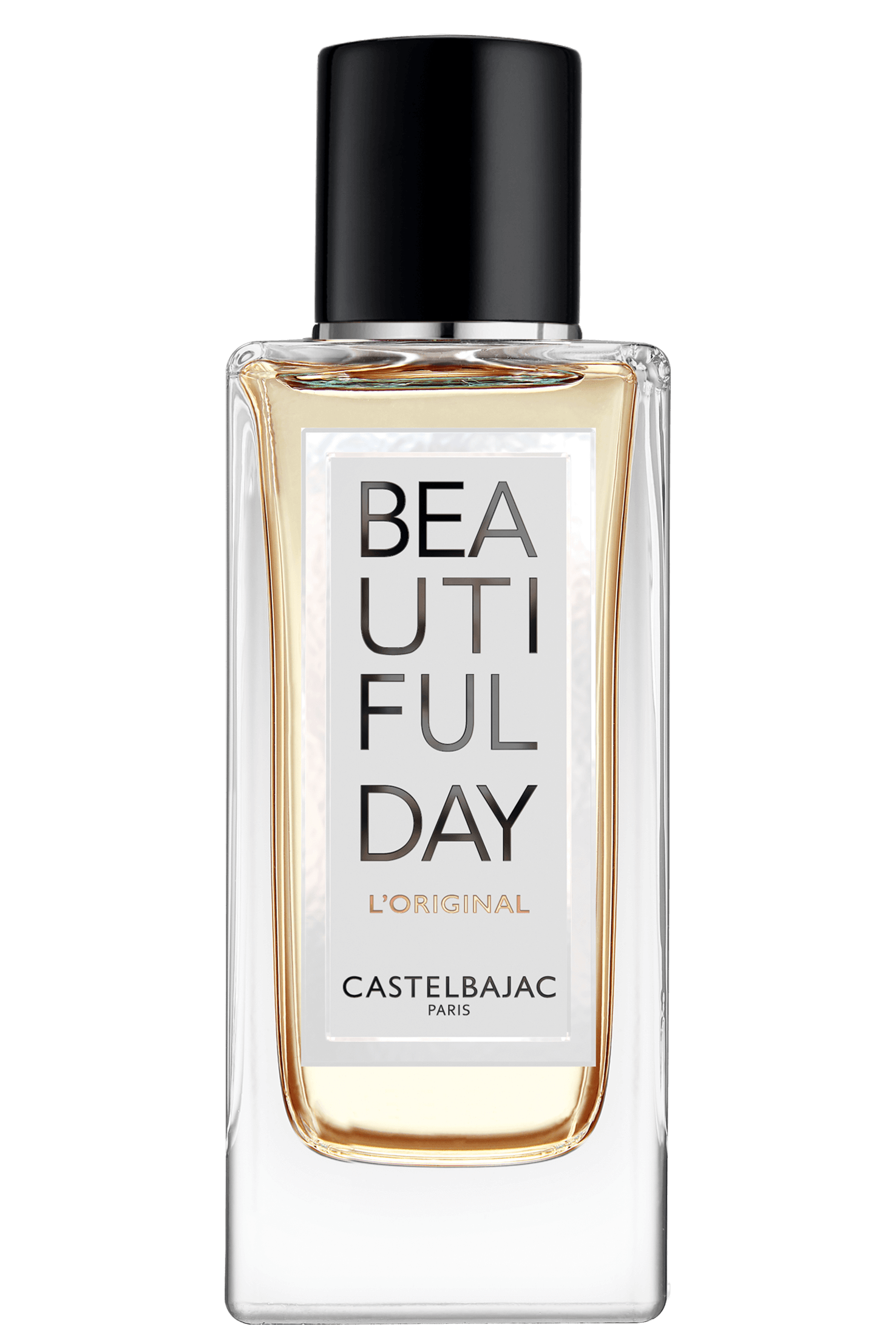 BEAUTIFUL DAY L’ORIGINAL perfume bottle with golden liquid against a minimalist backdrop, radiating modern elegance and daring femininity