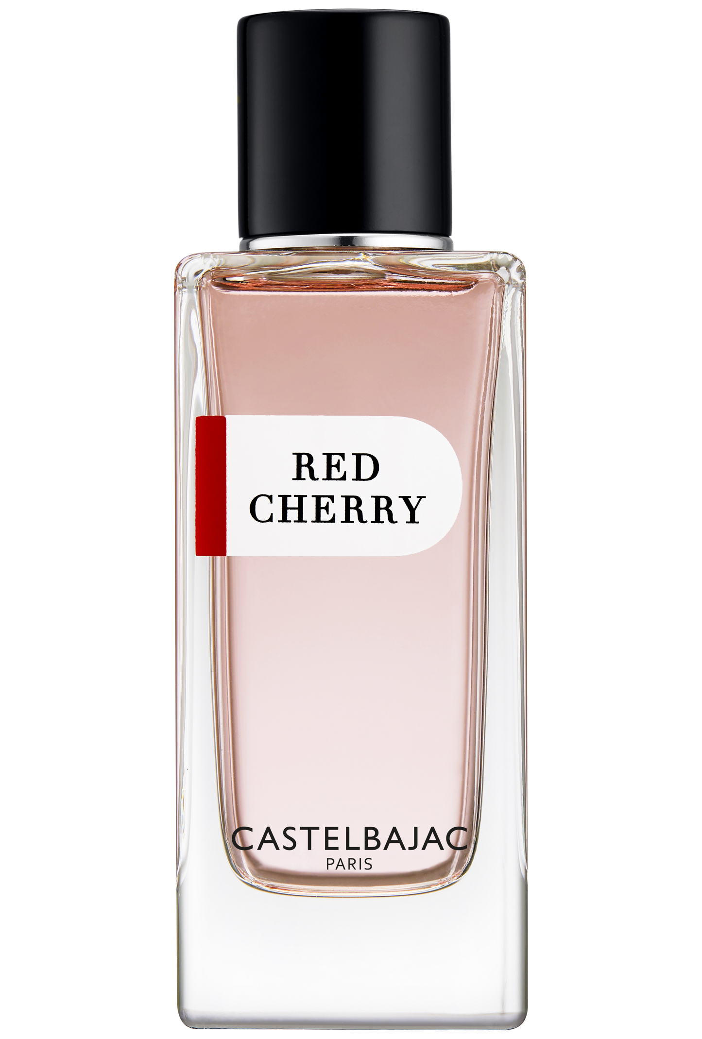 Castelbajac RED CHERRY perfume bottle with rich ruby liquid, glowing against a backdrop of cherries, pralines, and vanilla pods
