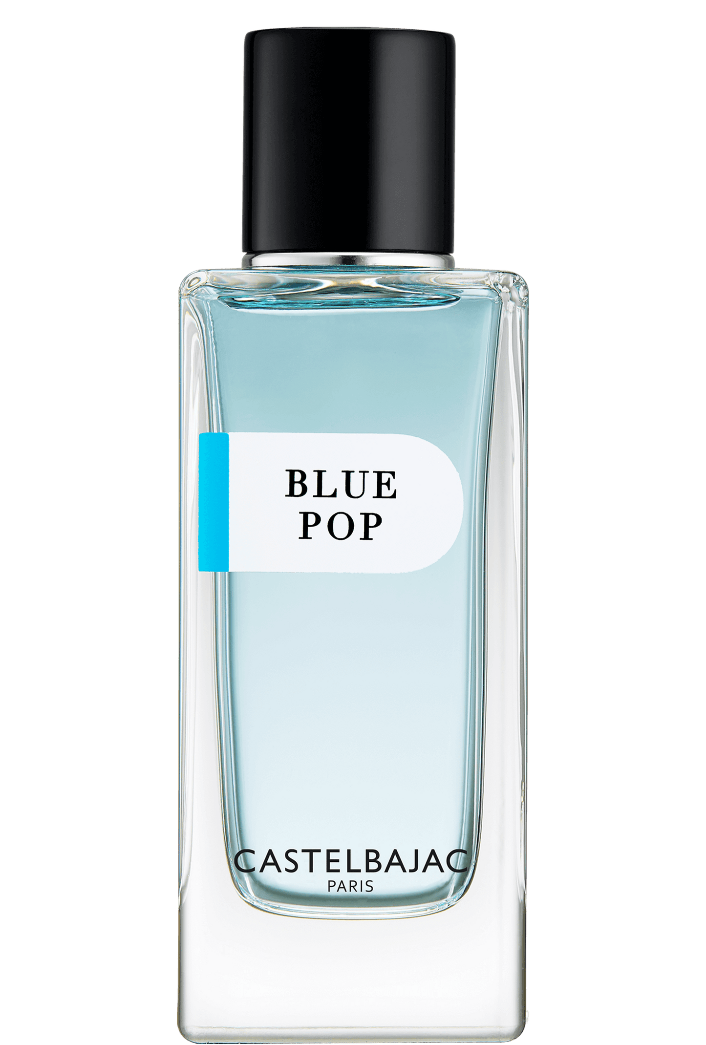 Castelbajac BLUE POP Eau de Parfum bottle with vibrant blue liquid, set against a backdrop of Mediterranean cliffs and turquoise waves