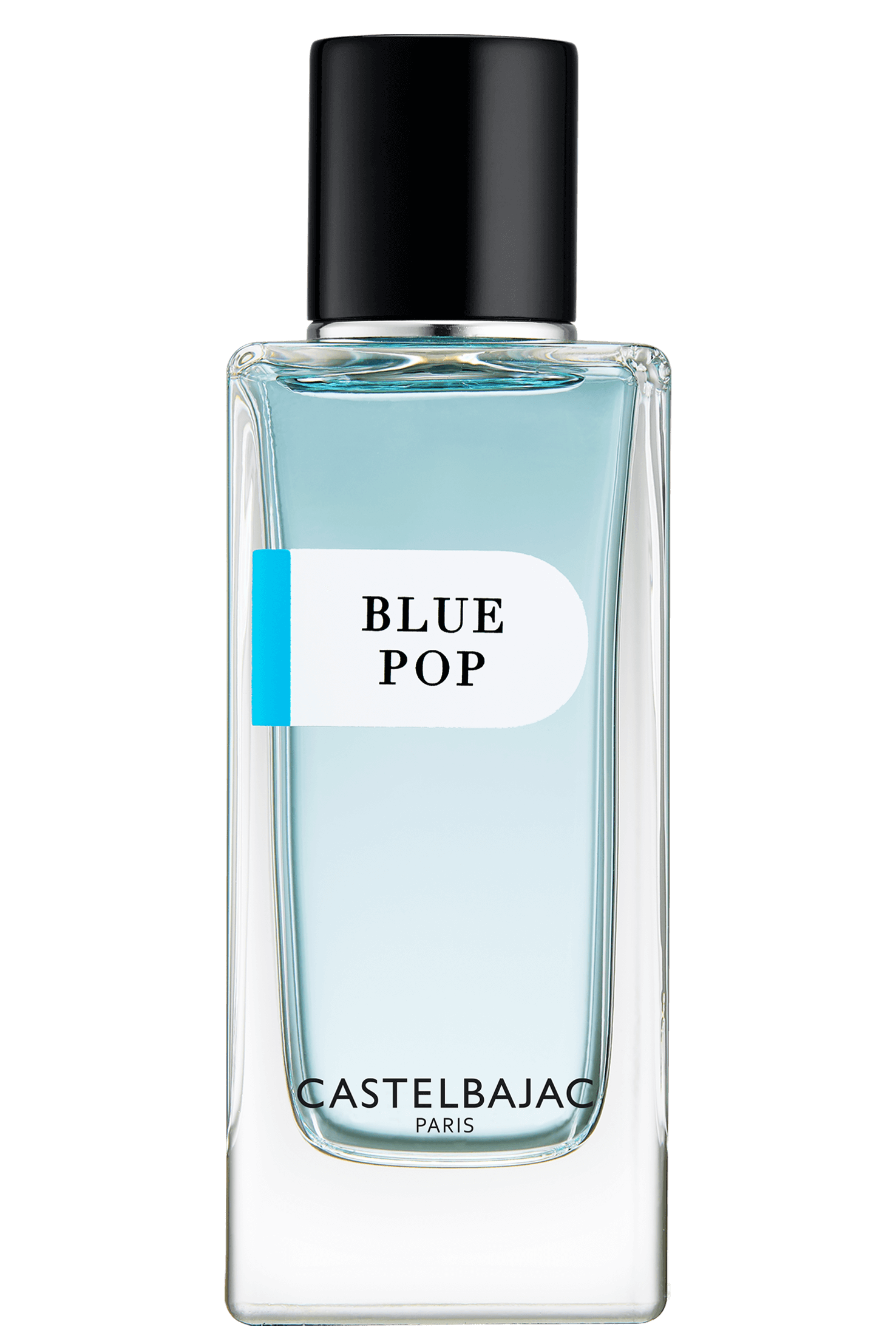 Castelbajac BLUE POP Eau de Parfum bottle with vibrant blue liquid, set against a backdrop of Mediterranean cliffs and turquoise waves