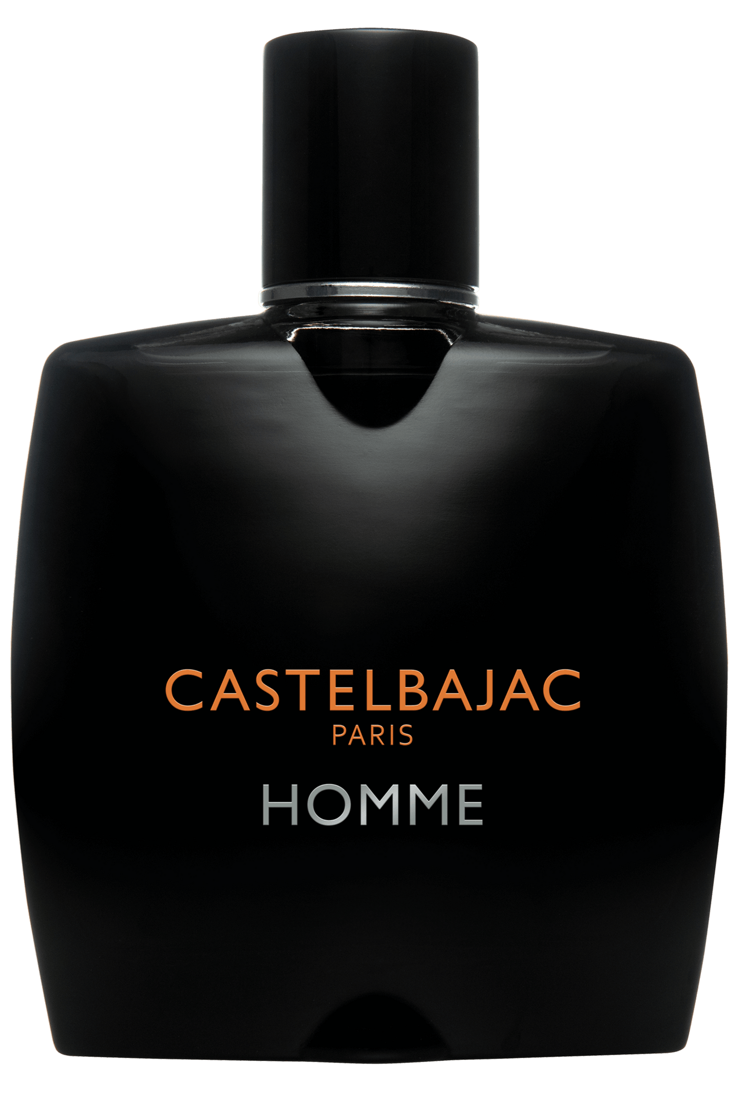 Castelbajac Paris HOMME Eau de Parfum bottle with sleek design and golden liquid, set against a backdrop of urban sophistication and citrus groves