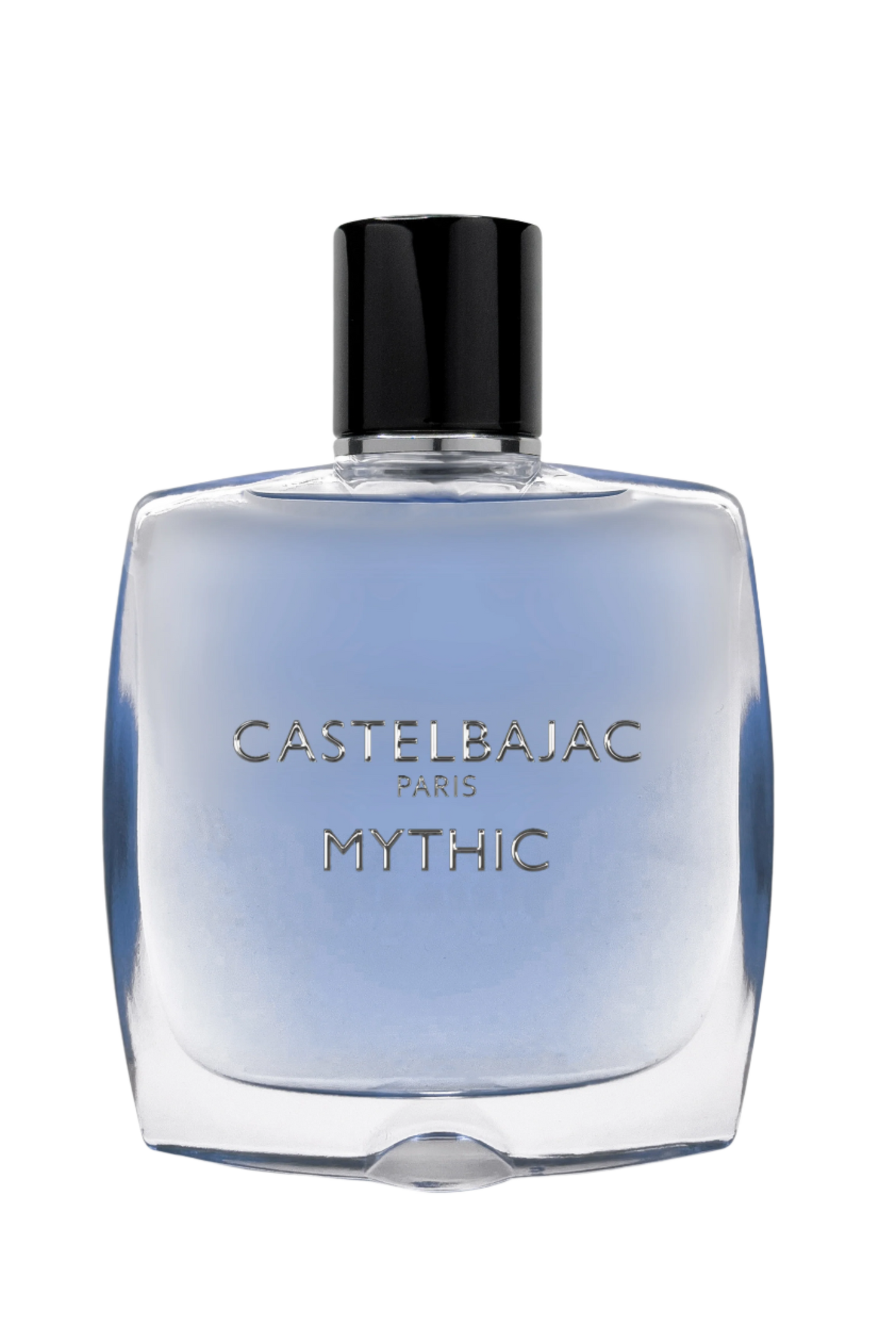 Castelbajac Paris Mythic Eau de Parfum in a sleek blue glass bottle, radiating sophistication against a backdrop of cedar forests and ocean horizons