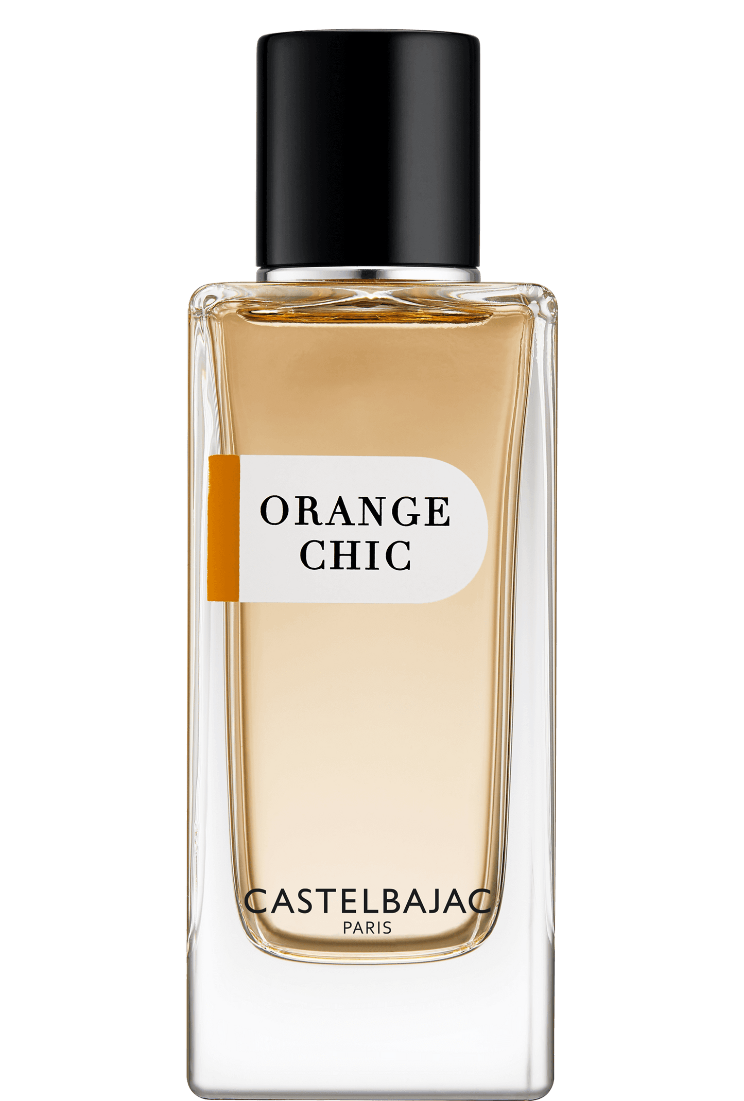 ORANGE CHIC Eau de Parfum bottle with vibrant orange liquid, glowing against a backdrop of Sicilian citrus groves and azure skies