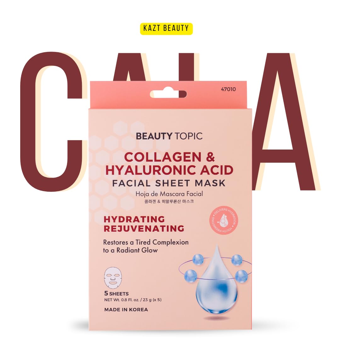 Beauty Topic Collagen & Hyaluronic Acid Facial Sheet Mask, Hydrating and Rejuvenating, 5 Sheets