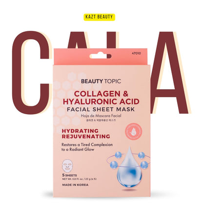 Beauty Topic Collagen & Hyaluronic Acid Facial Sheet Mask, Hydrating and Rejuvenating, 5 Sheets
