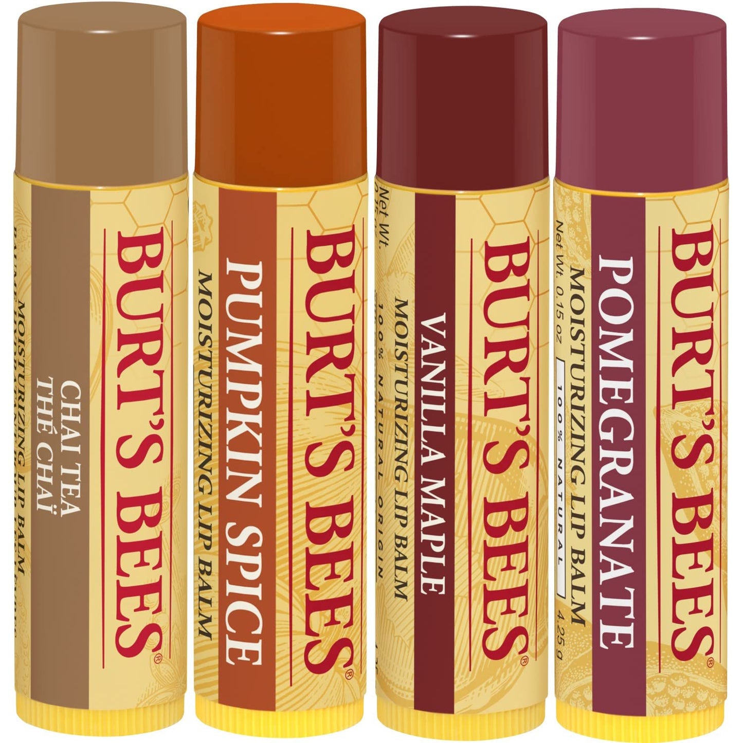 Burts Bees 100% Natural Moisturizing Lip Balm, Winter Variety Pack, Chai Tea, Pumpkin Spice, Vanilla Maple, Pomegranate, 4 Tubes of Lip Balm