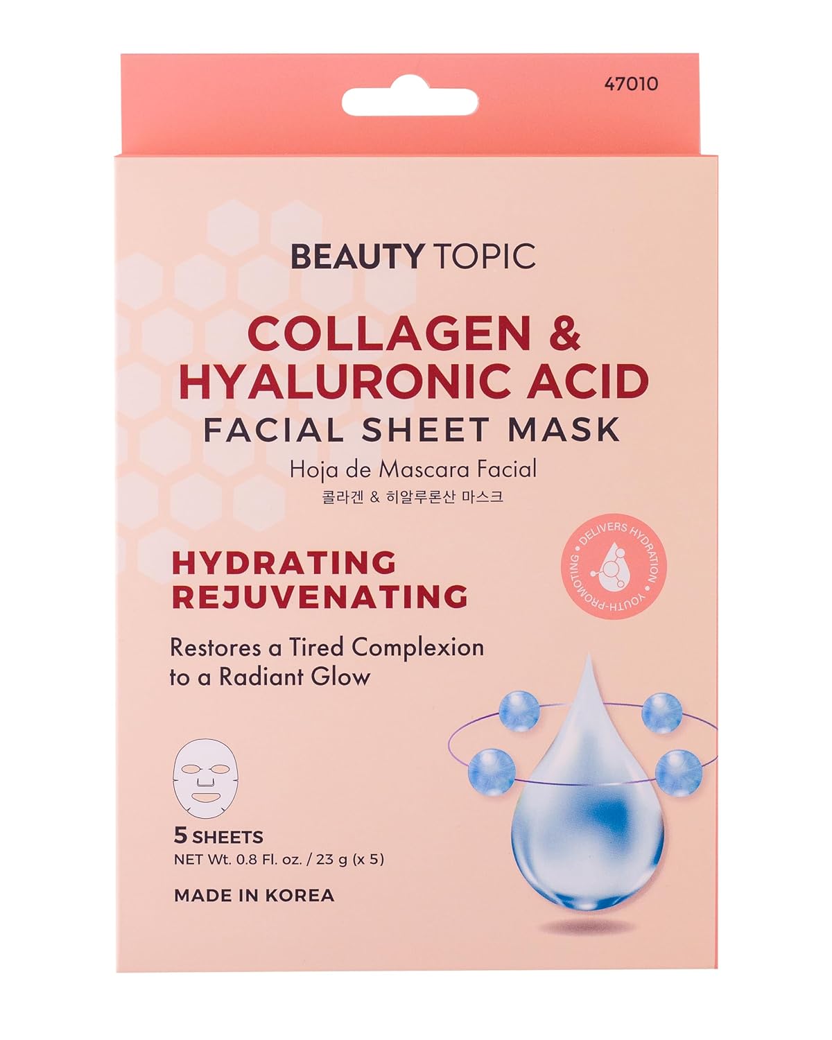 Beauty Topic Collagen & Hyaluronic Acid Facial Sheet Mask, Hydrating and Rejuvenating, 5 Sheets