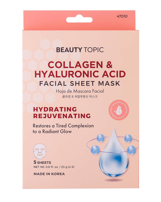 Beauty Topic Collagen & Hyaluronic Acid Facial Sheet Mask, Hydrating and Rejuvenating, 5 Sheets
