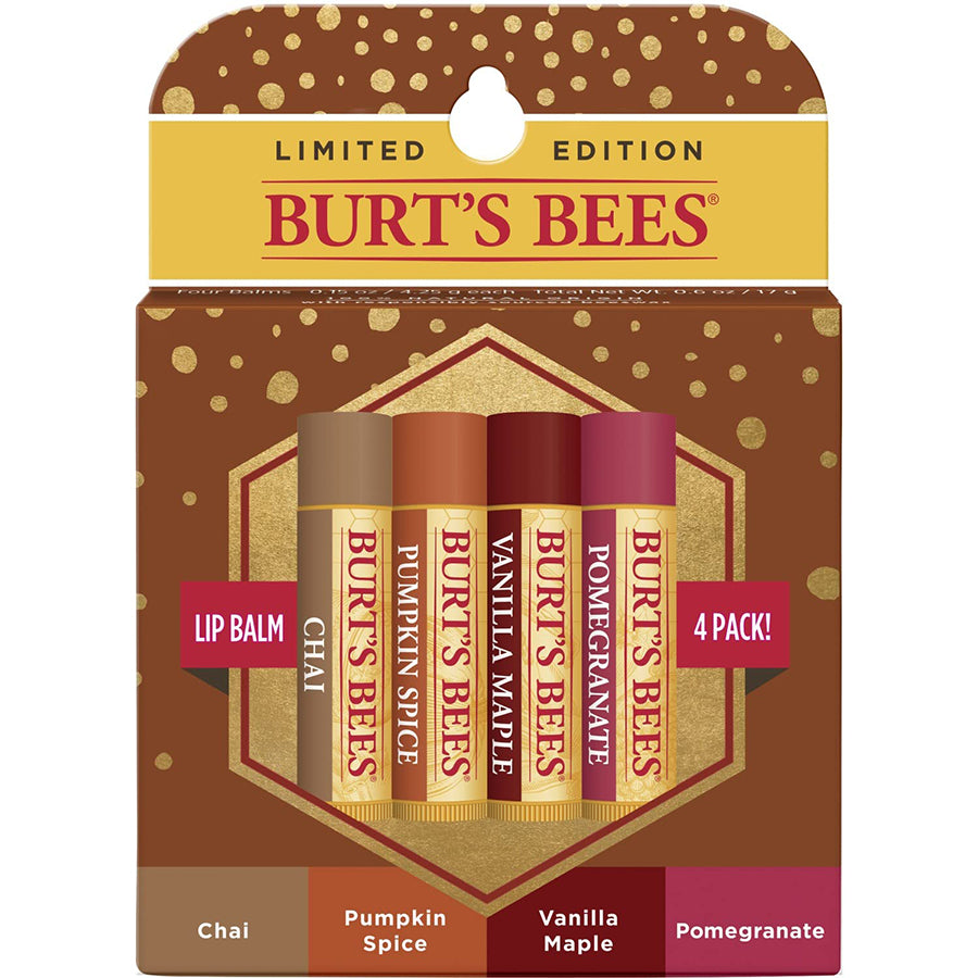 Burts Bees 100% Natural Moisturizing Lip Balm, Winter Variety Pack, Chai Tea, Pumpkin Spice, Vanilla Maple, Pomegranate, 4 Tubes of Lip Balm