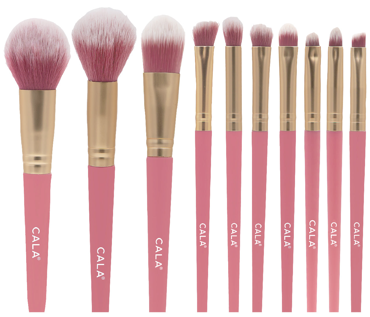 CALA 10pc Cosmetic Brush Set with Pink Quilted Cosmetic Pouch