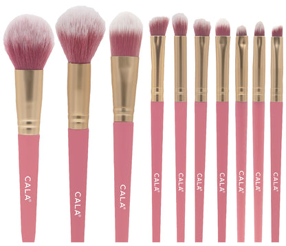 CALA 10pc Cosmetic Brush Set with Pink Quilted Cosmetic Pouch