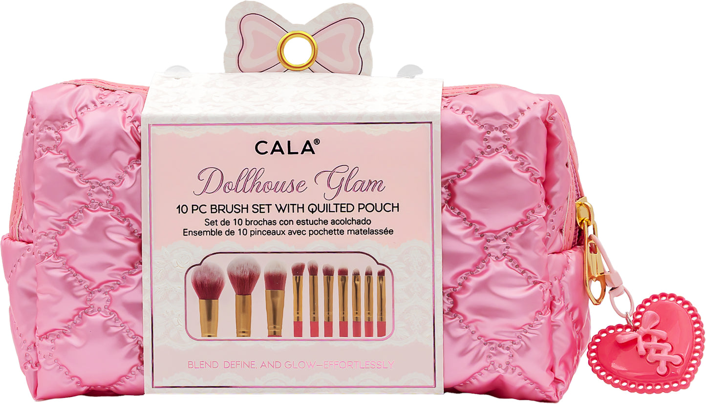 CALA 10pc Cosmetic Brush Set with Pink Quilted Cosmetic Pouch