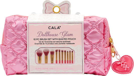 CALA 10pc Cosmetic Brush Set with Pink Quilted Cosmetic Pouch