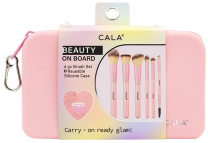 CALA Beauty on Board Makeup Brush Set with Silicone Pouch Pink | 6-Piece