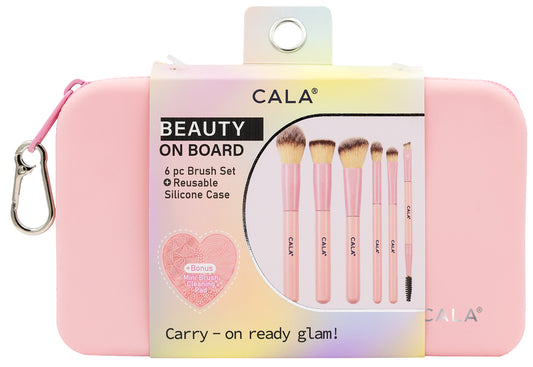 CALA Beauty on Board Makeup Brush Set with Silicone Pouch Pink | 6-Piece