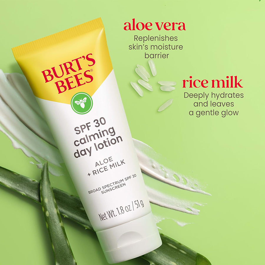 BURTS BEES SPF 30 Calming Day Face Lotion With Aloe and Rice Milk for Sensitive Skin, Sunscreen Face Lotion Soothes Redness and Irritation, 99.4 Percent Natural Origin Skin Care