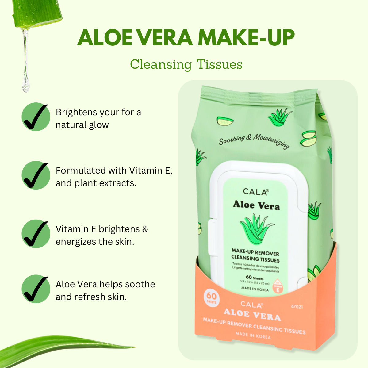 CALA MAKEUP REMOVER CLEANSING TISSUES: ALOE VERA (60 SHEETS)