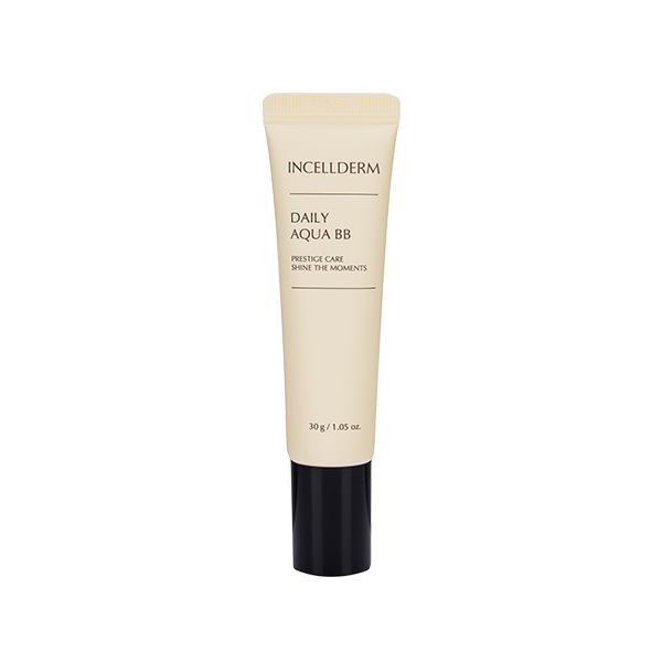 Incellderm Daily Aqua BB Cream tube with dewy finish swatch on skin.