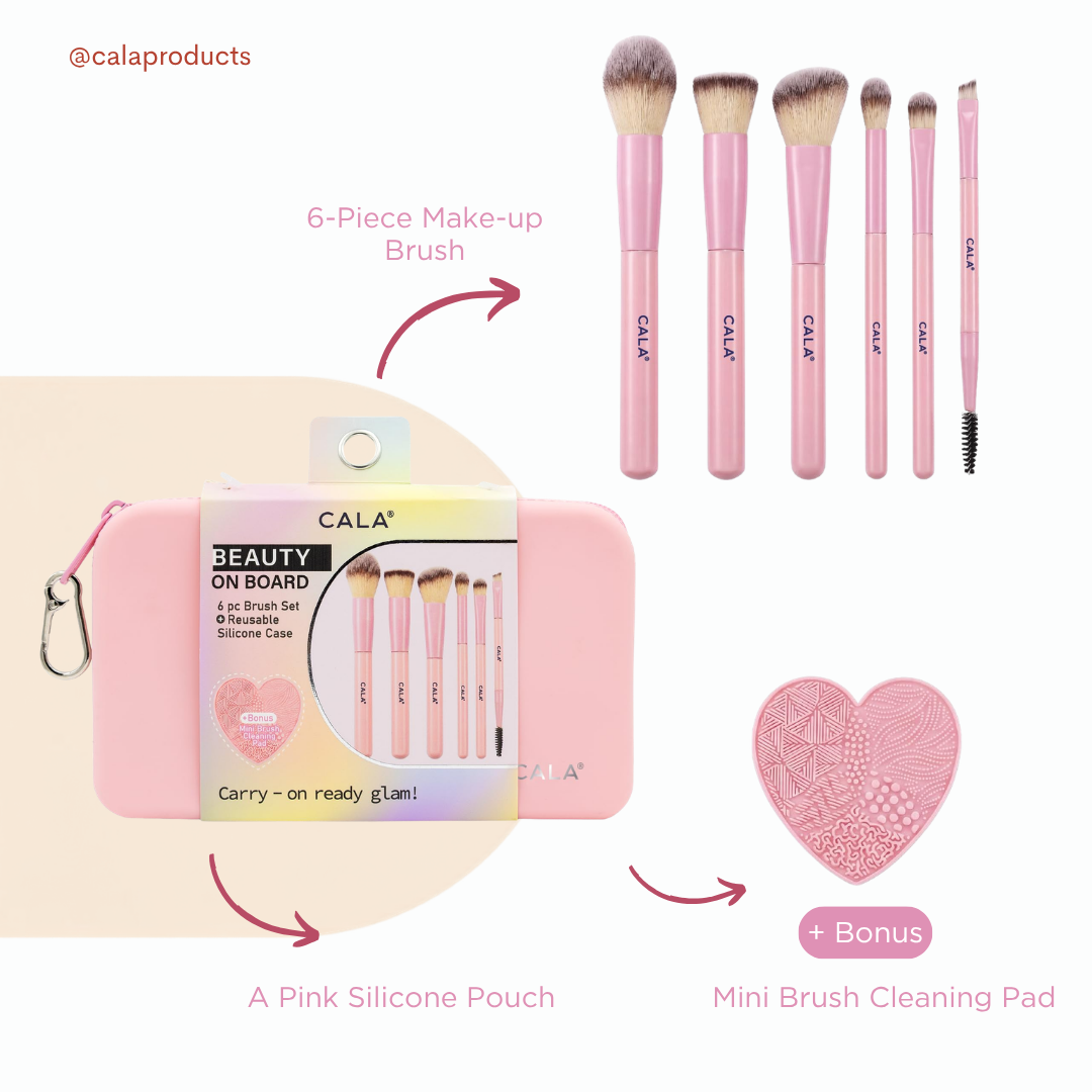 CALA Beauty on Board Makeup Brush Set with Silicone Pouch Pink | 6-Piece