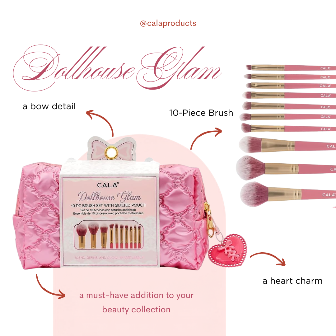 CALA 10pc Cosmetic Brush Set with Pink Quilted Cosmetic Pouch