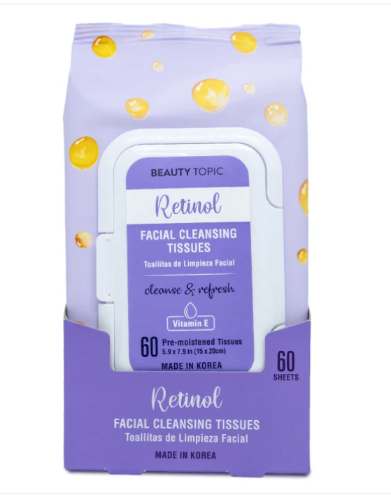 Beauty Topic Retinol Facial Cleansing Tissues with Vitamin E, Cleanse & Refresh, 60 Pre-Moistened Sheets