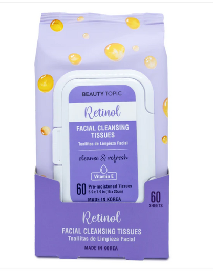 Beauty Topic Retinol Facial Cleansing Tissues with Vitamin E, Cleanse & Refresh, 60 Pre-Moistened Sheets
