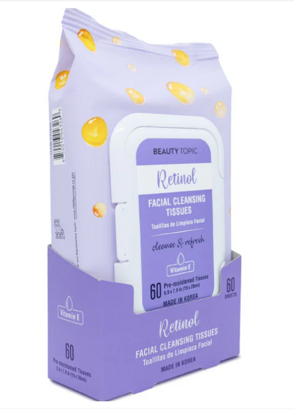 Beauty Topic Retinol Facial Cleansing Tissues with Vitamin E, Cleanse & Refresh, 60 Pre-Moistened Sheets