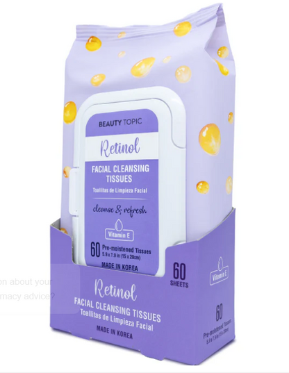 Beauty Topic Retinol Facial Cleansing Tissues with Vitamin E, Cleanse & Refresh, 60 Pre-Moistened Sheets