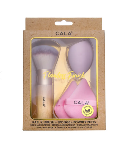 CALA Kabuki Brush + Sponge + Powder Puffs Set, Non-Latex, Allergy-Free, 4 Piece