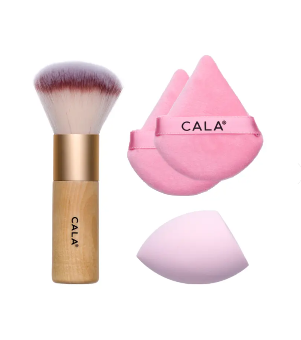 CALA Kabuki Brush + Sponge + Powder Puffs Set, Non-Latex, Allergy-Free, 4 Piece