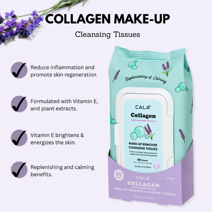 CALA Collagen Makeup Remover Cleansing Tissues, Waterproof Eye Makeup Wipes, 60 sheets