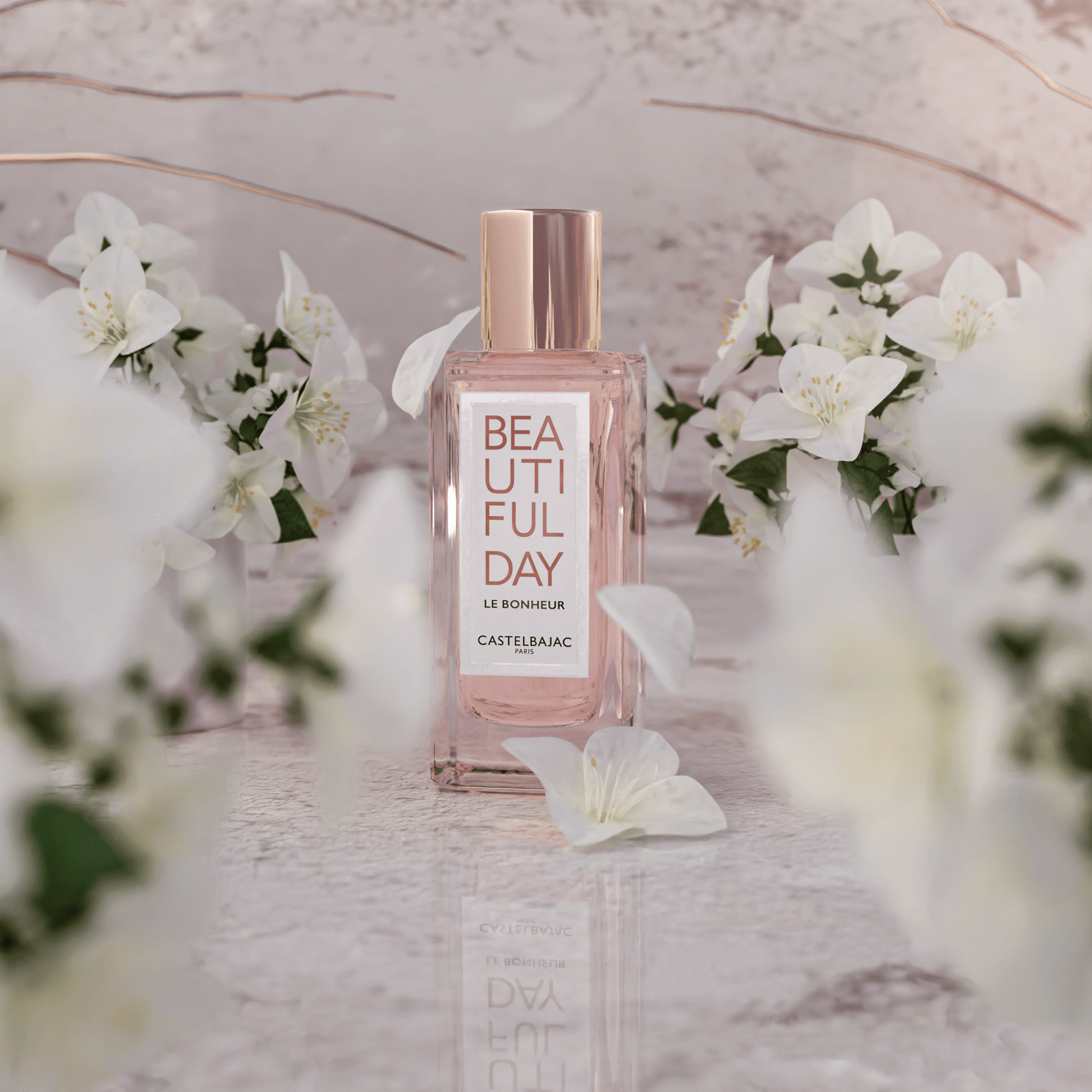 BEAUTIFUL DAY LE BONHEUR perfume bottle with golden-pink liquid, radiating vibrant energy against a sunlit, abstract backdrop