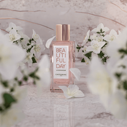 BEAUTIFUL DAY LE BONHEUR perfume bottle with golden-pink liquid, radiating vibrant energy against a sunlit, abstract backdrop